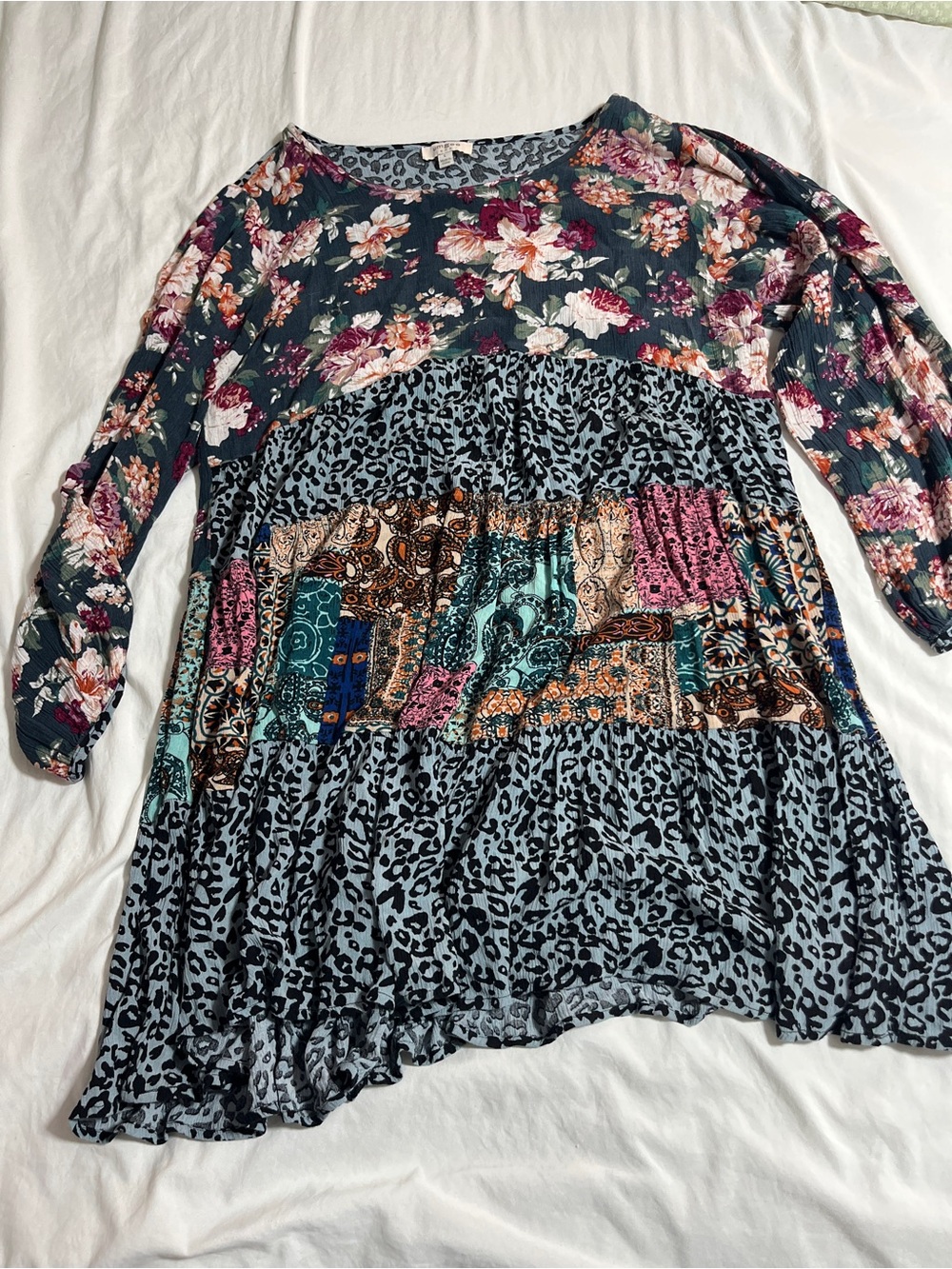 Umgee Teal Floral & Animal Print Long Sleeve Tiered Dress fall large preppy chic